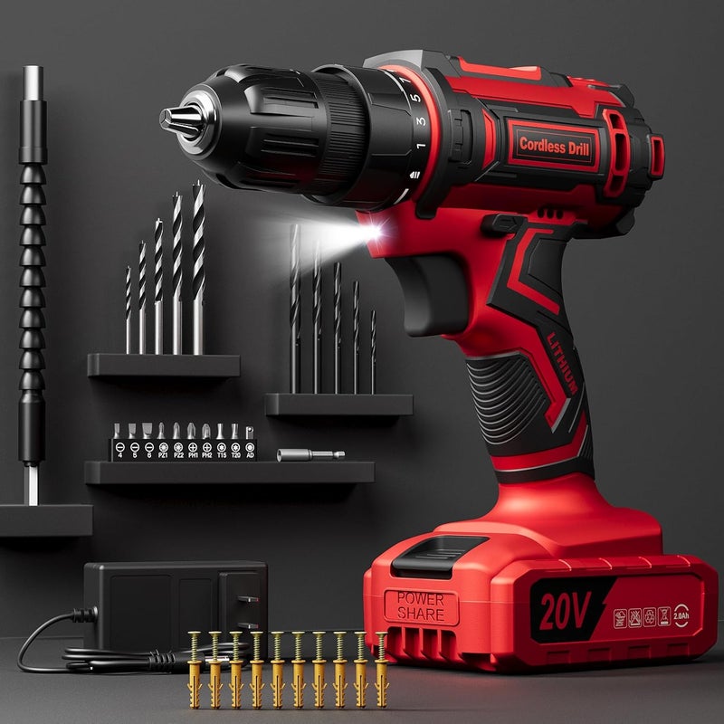 VIWKO Cordless Drill Set, 20V Power Drill with Power Pack 2.0Ah and Charger, 3/8-Inch Keyless Chuck Electricdrill, 25+1 Torque, 42pcs Drilldriver Bits/Screws for DIY Projects (Red) - Image 1
